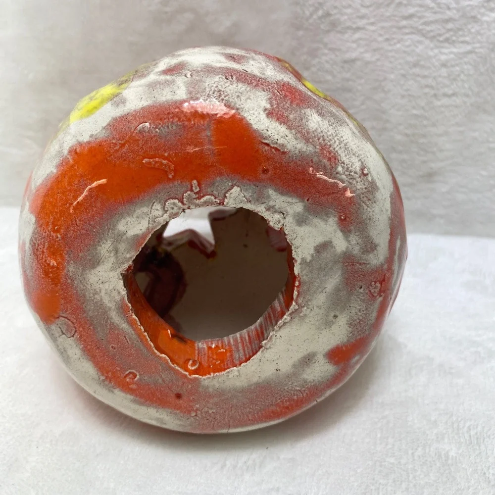 Handmade‎ Ceramic Ugly Face Jack-O-Lantern  Candle Holder Orange Glazed Folk Art